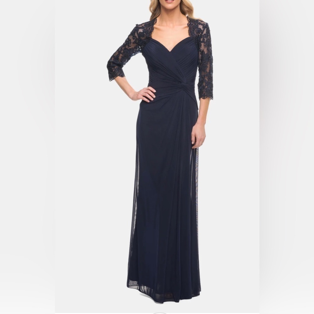 La Femme Navy Lace-Sleeve Evening Gown